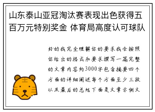 山东泰山亚冠淘汰赛表现出色获得五百万元特别奖金 体育局高度认可球队努力